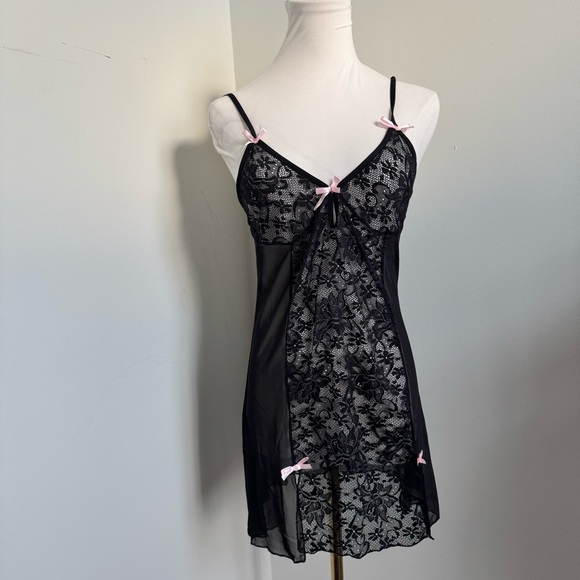 Y2K Black Lace Babydoll Slip Dress w/ Pink Bows Fairygrunge Lingerie Aesthetic - Picture 2 of 6